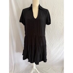 Lulus Mini Dress Womens Black Tiered Linen Blend Short Sleeve Collared Large